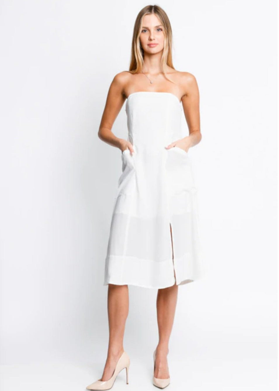 White Strapless Pocket Dress - Dream Wear Boutique
