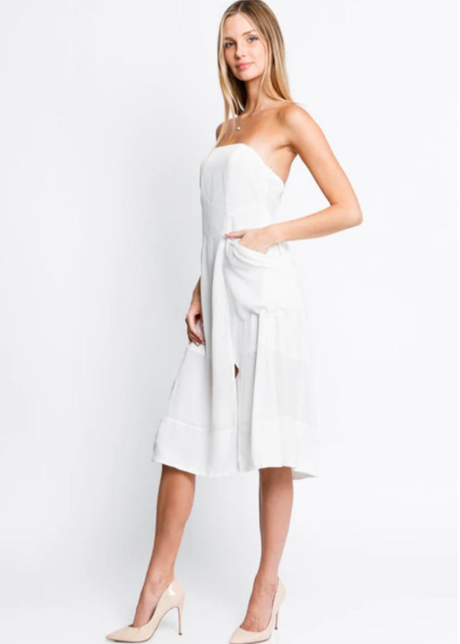 White Strapless Pocket Dress - Dream Wear Boutique
