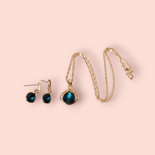 Load image into Gallery viewer, Peacock Blue Necklace and Earring Set with Rose Gold Accents
