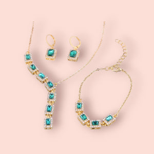 Green Emerald Rhinestone Set: Necklace, Bracelet, and Earrings