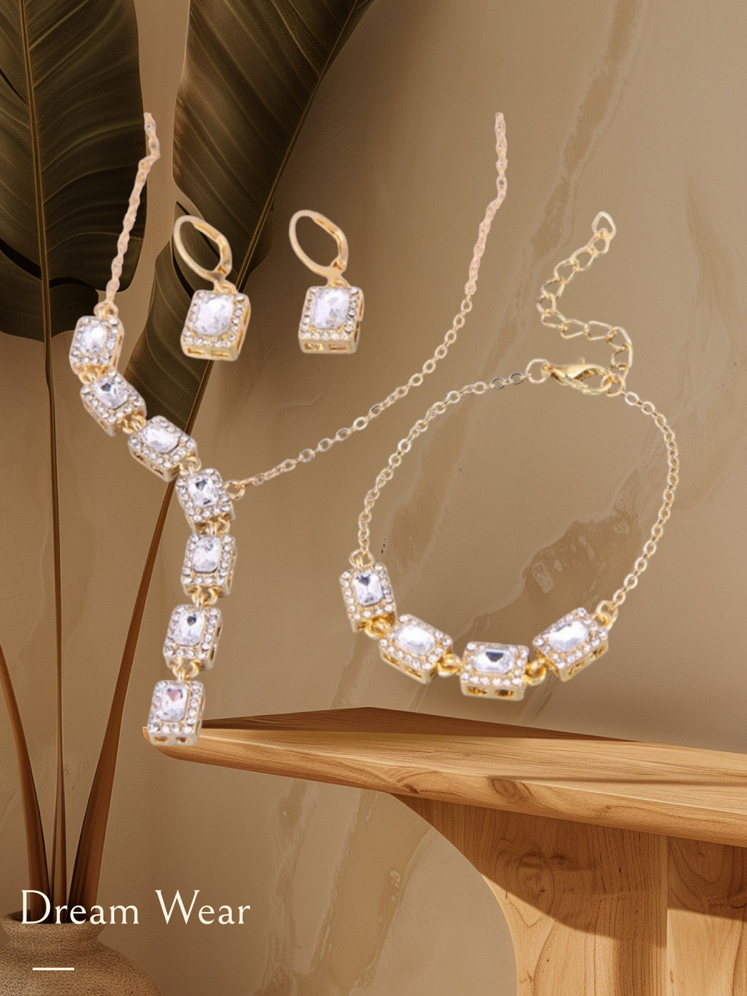 Diamond Rhinestone Set: Necklace, Bracelet, and Erring