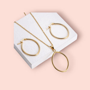 Oval Dainty Gold Necklace and Earring Set