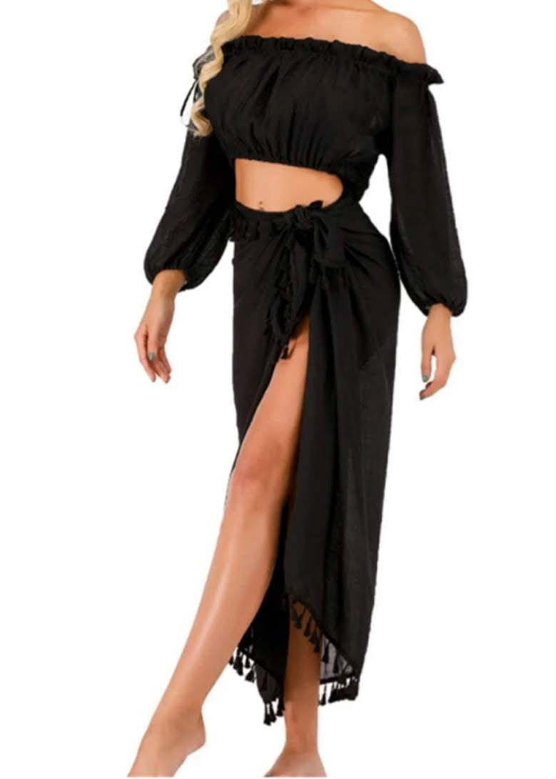 Tellsa Black Tassel Two Piece Skirt Cover-up