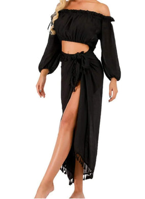 Tellsa Black Tassel Two Piece Skirt Cover-up