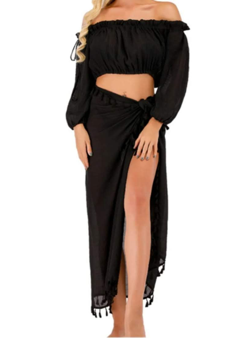 Tellsa Black Tassel Two Piece Skirt Cover-up