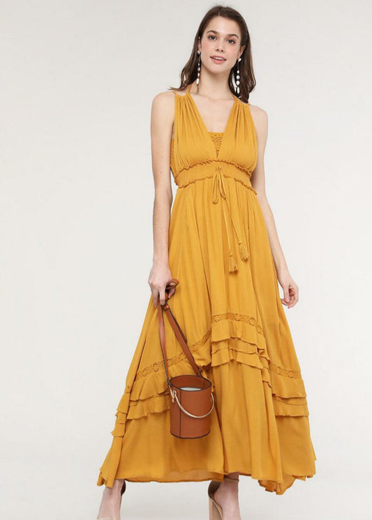 Mustard Yellow Lace Trim Maxi Dress - Dream Wear Boutique