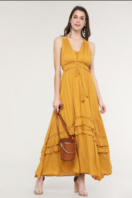 Mustard Yellow Lace Trim Maxi Dress - Dream Wear Boutique