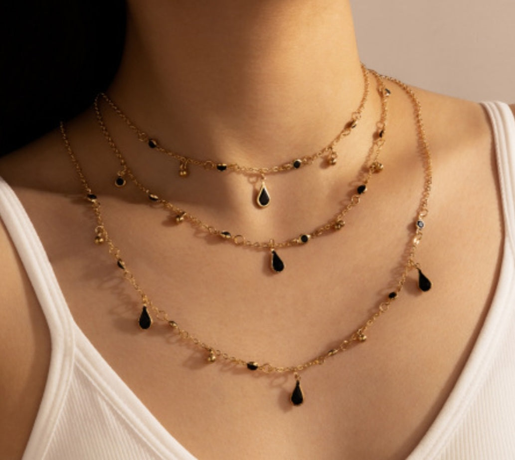 Teardrop Black Rhinestone Multilayer Necklace