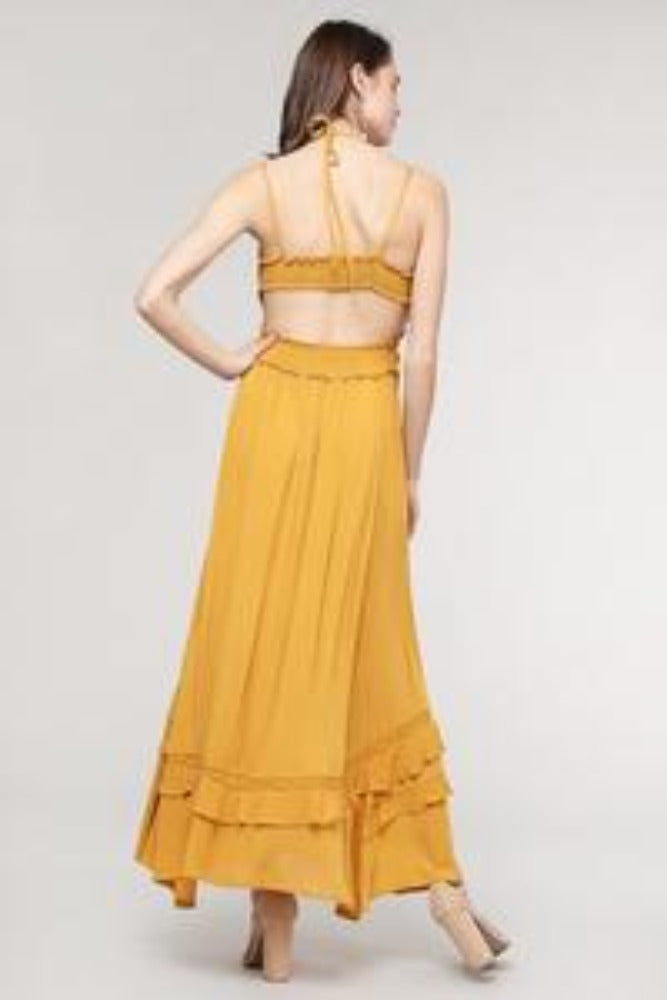 Mustard Yellow Lace Trim Maxi Dress - Dream Wear Boutique